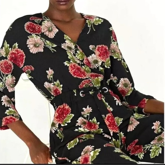 Zara Dark Floral Cross Front Long Sleeve Jumpsuit | Size Extra Small - Picture 15 of 16